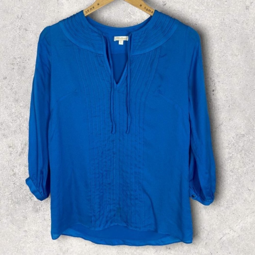 Revolve Shoshanna 100% Silk Blue Pleated Front Blouse Size 2 Top 3/4 Sleeves
